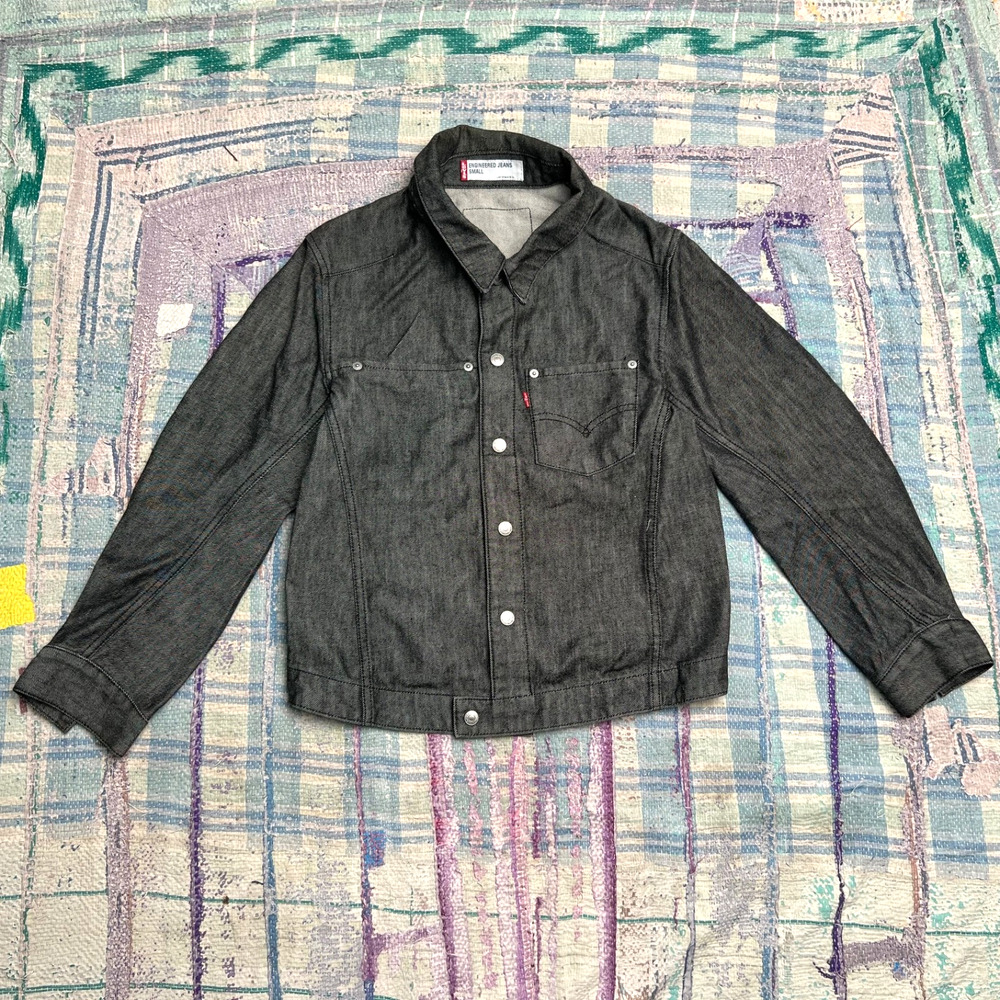 VTG 90s Levis Engineered Jeans Black Dark Denim Snap Button Trucker Jacket Sz S